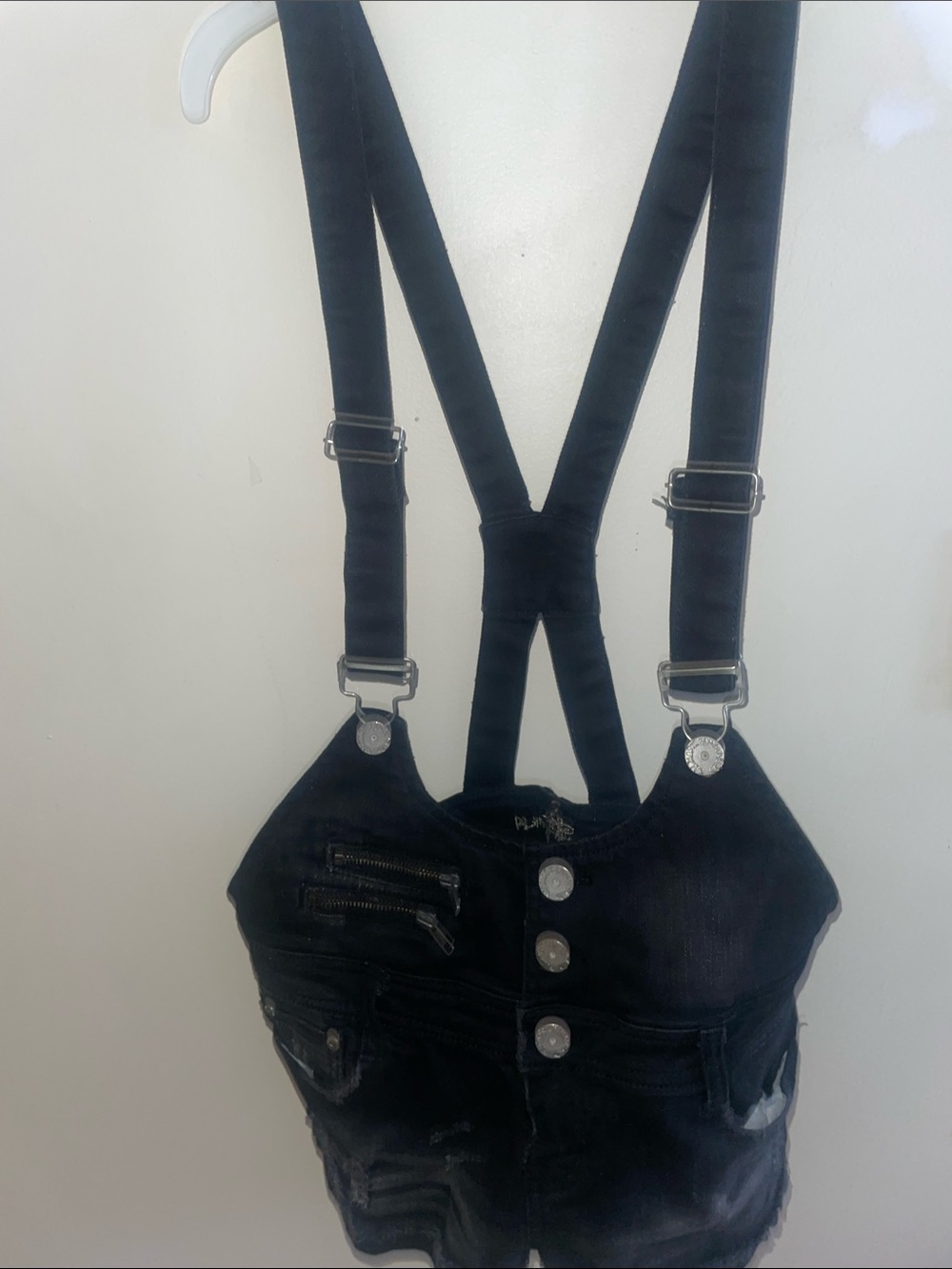 Black Denim Suspender distressed shorts
